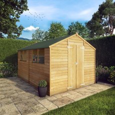12x8 Mercia Overlap Shed - in situ, angle view, doors closed