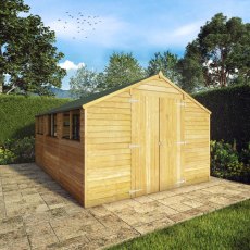 15x10 Mercia Modular Overlap Shed - in situ, angle view, doors closed