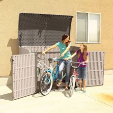 showing how bikes can be stored in the 6x3.5 Lifetime Heavy Duty Plastic Storage Unit