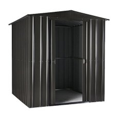 Isolated view of 6 x 4 Lotus Apex Metal Shed in Anthracite Grey with sliding doors open