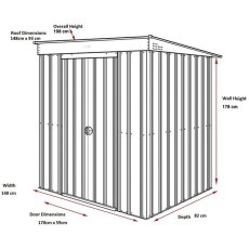 Dimensions for 5 x 3 Lotus Pent Metal Shed in Heritage Green