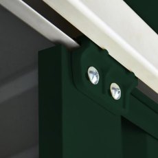Top of sliding door mechanism on 5 x 3 Lotus Pent Metal Shed in Heritage Green