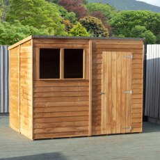 8x6 Shire Overlap Pent Shed - in situ, angle view, doors closed