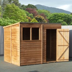 8x6 Shire Overlap Pent Shed - in situ, angle view, doors open