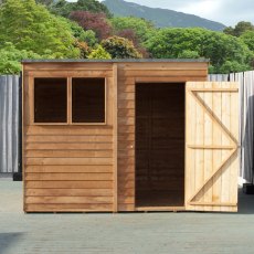 8x6 Shire Overlap Pent Shed - in situ, front view, doors open