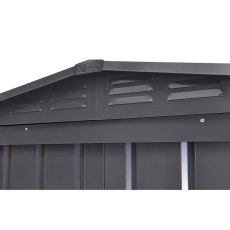 Detail of the ventilated gables on the 10x10 Lotus Metal Shed in Anthracite Grey