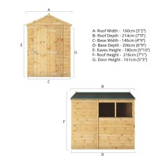 7x5 Mercia Shiplap Apex & Reverse Apex Shed - dimensions