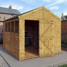10x8 Mercia Shiplap Apex & Reverse Apex Shed - in situ, angle view, doors open