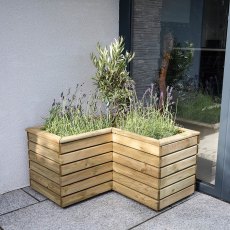 Forest Linear Corner Wooden Planter 0.8m - insitu displaying herbs and lavender growing