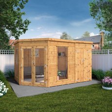 12x8  Mercia Corner Summerhouse with Side Shed - in situ - angle view - doors closed