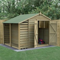 6x8 Forest 4Life Overlap Apex Shed with lean to - insitu with doors open