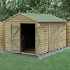 8x12 Forest 4Life Overlap Windowless Apex Shed with Double Doors - insitu with doors open