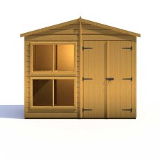 8x4 Shire Sun Hut Shiplap Apex Potting Shed - front view with doors closed and door on the left