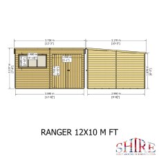 12x10 Shire Ranger Premium Pent Shed With Double Doors - dimensions