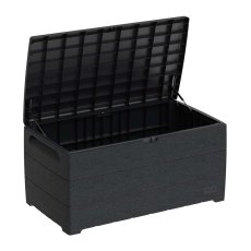 Saffron Durabox 416L Plastic Storage Box - insitu with lid open and hydraulic piston opening