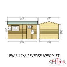 12x8 Shire Lewis Professional Reverse Apex Shed Door In Right Hand Side - dimensions