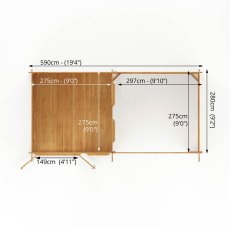 6mx3m Mercia Studio Pent Log Cabin With Outdoor Area In 28mm Logs - footprint