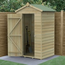 4 X 3 Forest Beckwood Tongue & Groove Windowless Apex Wooden Shed - in situ, angle view, doors open