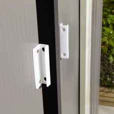 6x4 Rowlinson Trentvale Metal Apex Shed In Light Grey - in situ, door handles