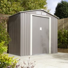 6x4 Rowlinson Trentvale Metal Apex Shed In Light Grey - in situ, angle view, doors closed