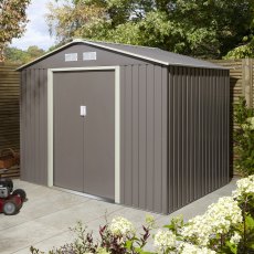 8x6 Rowlinson Trentvale Metal Apex Shed in Light Grey - in situ, angle view, doors closed