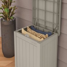 Suncast Light Taupe Storage Seat - 83 Litre Capacity - in situ, angle view, lid open