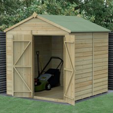 7x7 Forest Beckwood Tongue & Groove Windowless Apex Wooden Shed with Double Doors - in situ, angle view, doors open