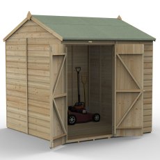 7x7 Forest Beckwood Tongue & Groove Windowless Reverse Apex Wooden Shed - isolated angle view, doors open