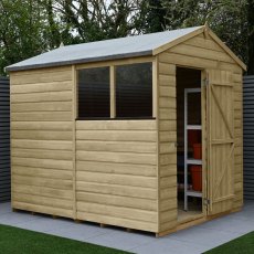 8x6 Forest Beckwood Tongue & Groove Apex Wooden Shed 25yr Guarantee - in situ, angle view, doors open