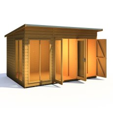 12x8 Shire Lela Pent Summerhouse with Side Shed - isolated angle view, doors open