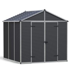 8x8 Palram Canopia Rubicon Plastic Apex Shed - Dark Grey - isolated angle view, doors closed