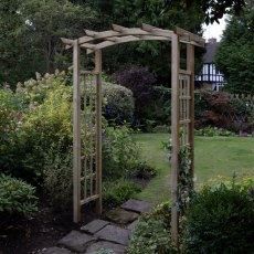 Forest Classic Dome Top Wooden Garden Pergola Arch - Pressure Treated - in situ, angle view