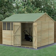 10x10 Forest Beckwood Tongue & Groove Reverse Apex Wooden Shed with Double doors 25yr Guarantee - in situ, angle view, doors open