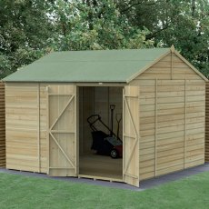 10x10 Forest Beckwood Tongue & Groove Reverse Apex Windowless Wooden Shed - in situ, angle view, doors open