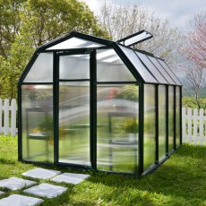 6x8 Palram Canopia EcoGrow Greenhouse - in situ, angle view, doors closed