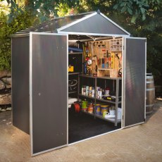 6x5 Palram Canopia Rubicon Plastic Apex Shed - Dark Grey - in situ, angle view, doors open