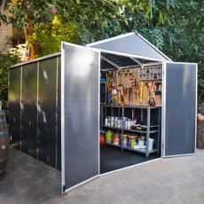 6x10 Palram Canopia Rubicon Plastic Apex Shed - Dark Grey - in situ, angle view, doors open