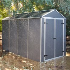 6x10 Palram Canopia Rubicon Plastic Apex Shed - Dark Grey - in situ, angle view, doors closed