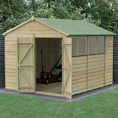 10x8 Forest Beckwood Tongue & Groove Apex Wooden Shed With Double Doors - in situ, angle view, doors open