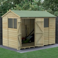 10x6 Forest Beckwood Shiplap Reverse Apex Wooden Shed with Double doors - in situ, angle view, doors open