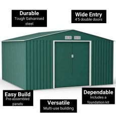 11x14 Lotus Orion Apex Metal Shed Win Foundation Kit In Green - additional information