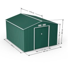 9x10 Lotus Orion Apex Metal Shed With Foundation Kit In Green - dimensions