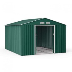 9x10 Lotus Orion Apex Metal Shed Win Foundation Kit In Green - isolated angle view, doors open