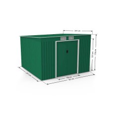 9x8 Lotus Hestia Pent Metal Shed with Foundation Kit in Dark Green - dimensions