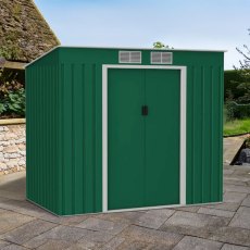 7x4 Lotus Hestia Pent Metal Shed with Foundation Kit in Dark Green - in situ, angle view