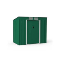 7x4 Lotus Hestia Pent Metal Shed with Foundation Kit in Dark Green - isolated angle view
