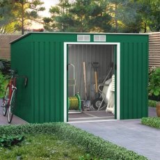 9x6 Lotus Hestia Pent Metal Shed with Foundation Kit in Dark Green - in situ, angle view, doors open
