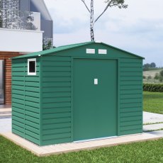9x6 Lotus Hypnos Apex Metal Shed in Green - in situ, angle view, doors closed