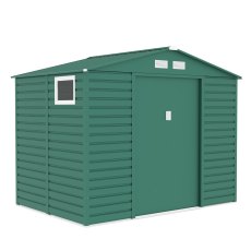 9x6 Lotus Hypnos Apex Metal Shed in Green - isolated angle view, doors clsoed