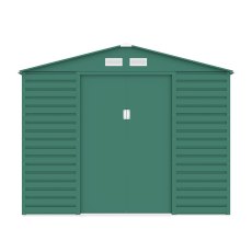 9x6 Lotus Hypnos Apex Metal Shed in Green - isolated front view, doors closed